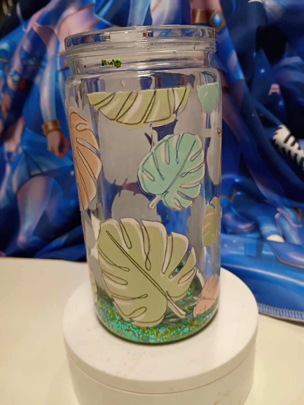 Handmade Tropical Leaf Glitter Tumbler - Green & Peach